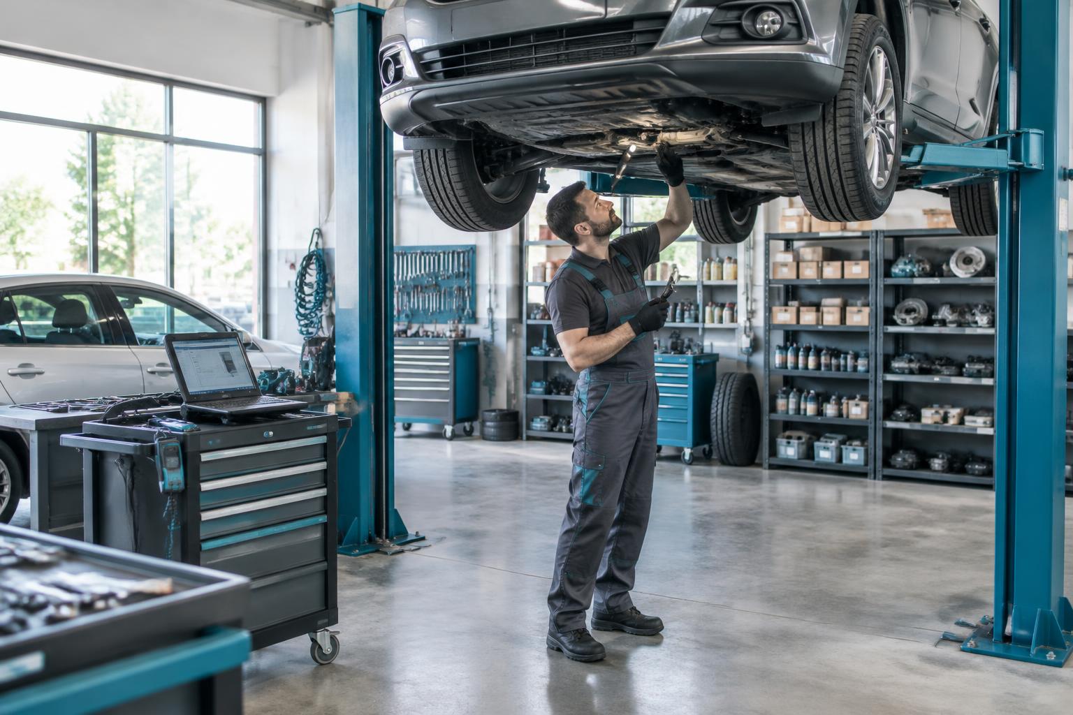 Illustrative independent auto repair shop with a mechanic working under a vehicle on a lift