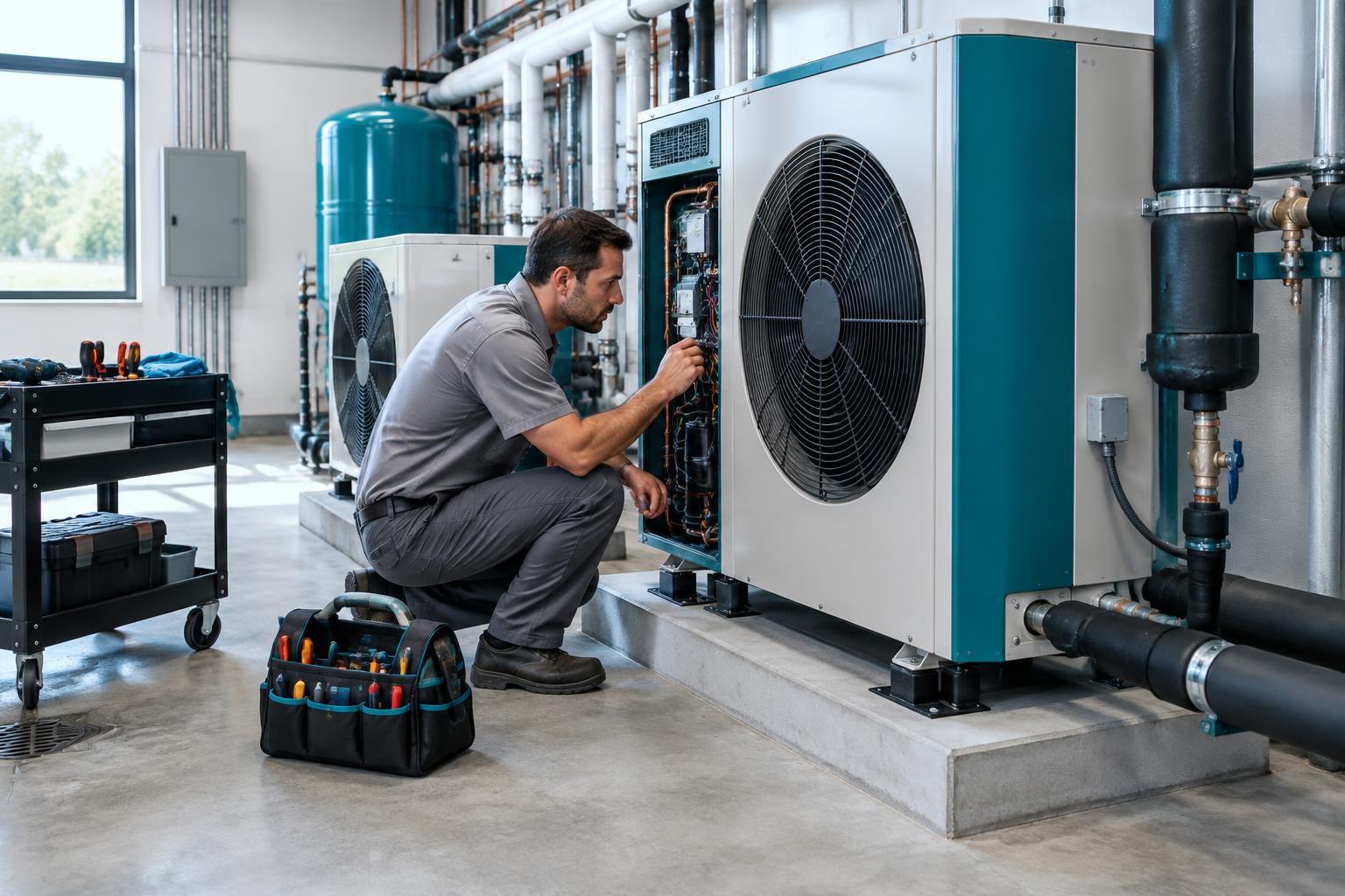 Illustrative HVAC technician inspecting commercial heat-pump equipment
